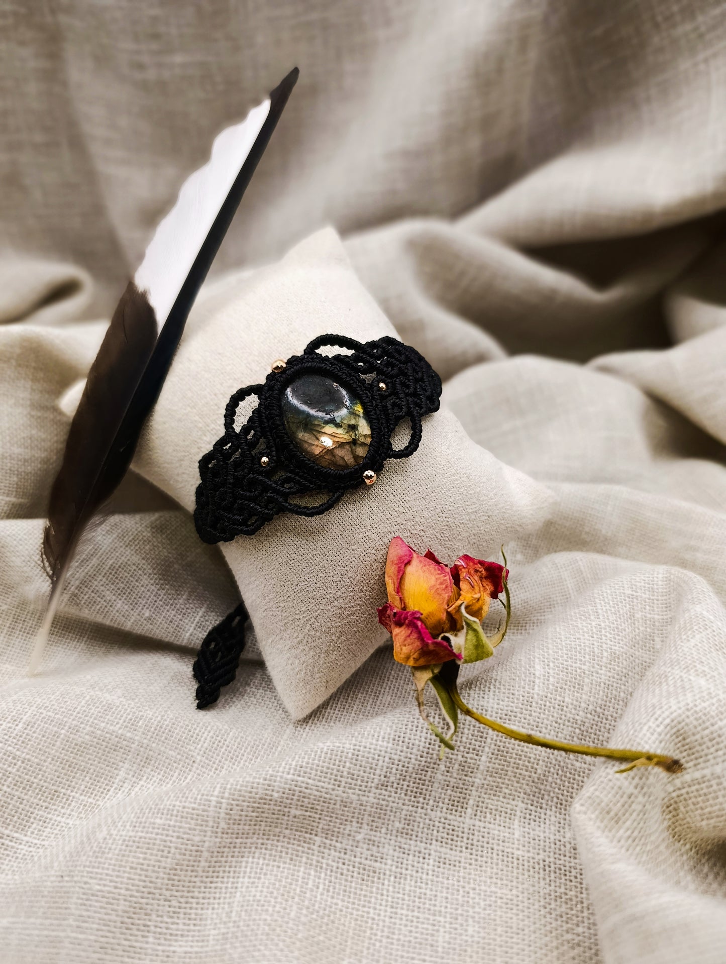 Bracelet Manchette Ondes du Cœur - Lithothérapie & Micro Macramé