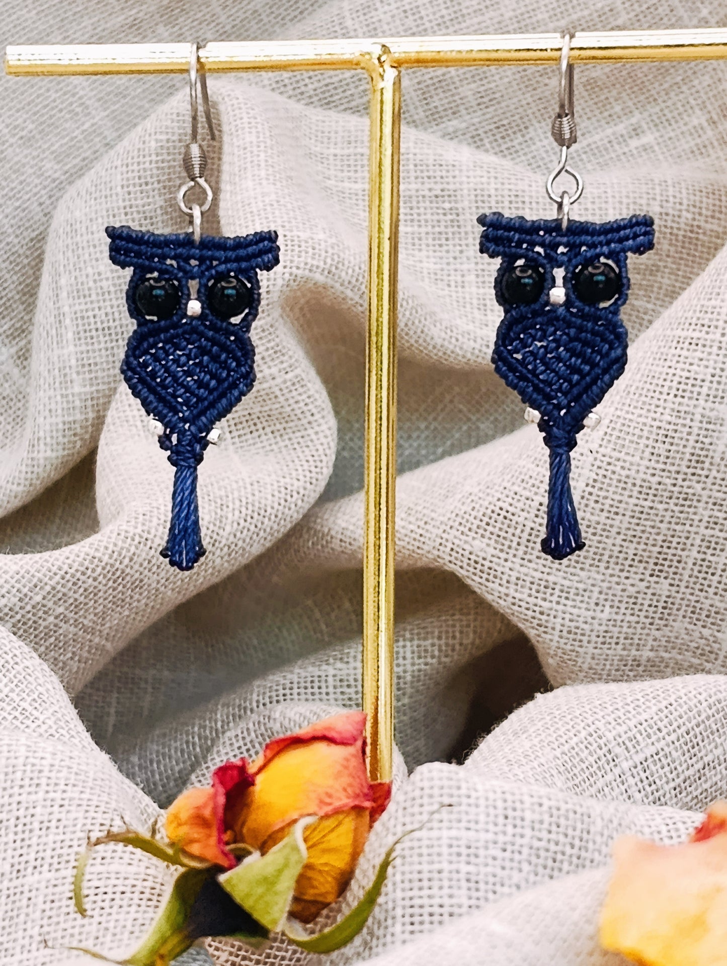 Boucles d'oreilles P'tits Familiers - Hiboux - Lithothérapie & Micro Macramé