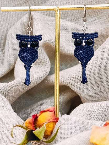 Boucles d'oreilles P'tits Familiers - Hiboux - Lithothérapie & Micro Macramé