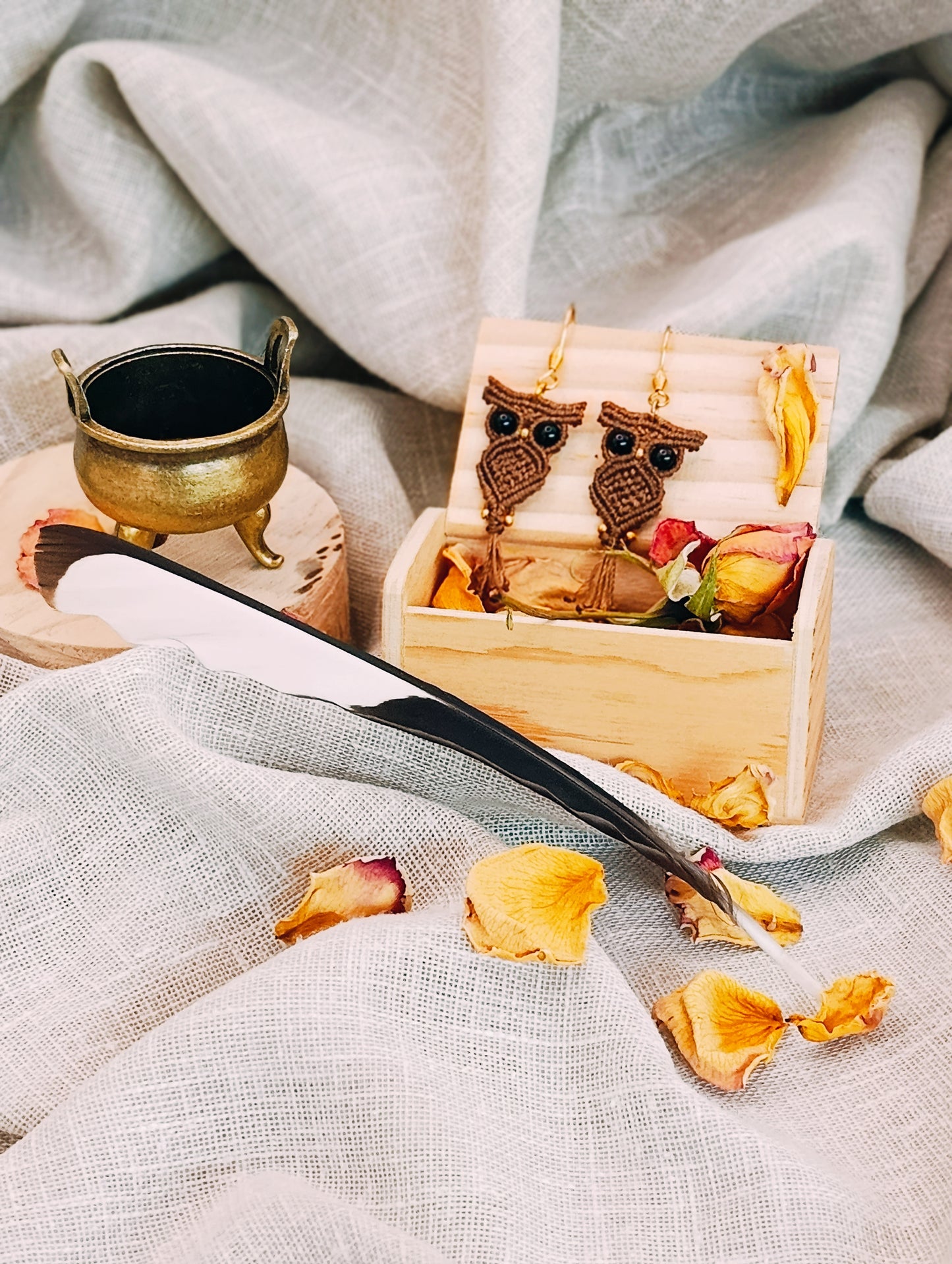 Boucles d'oreilles P'tits Familiers - Hiboux - Lithothérapie & Micro Macramé