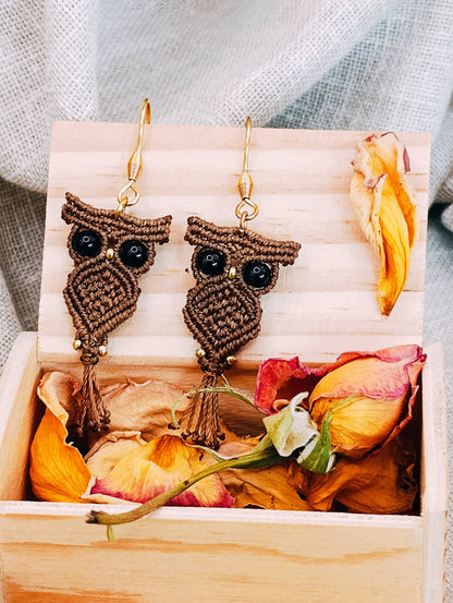 Boucles d'oreilles P'tits Familiers - Hiboux - Lithothérapie & Micro Macramé