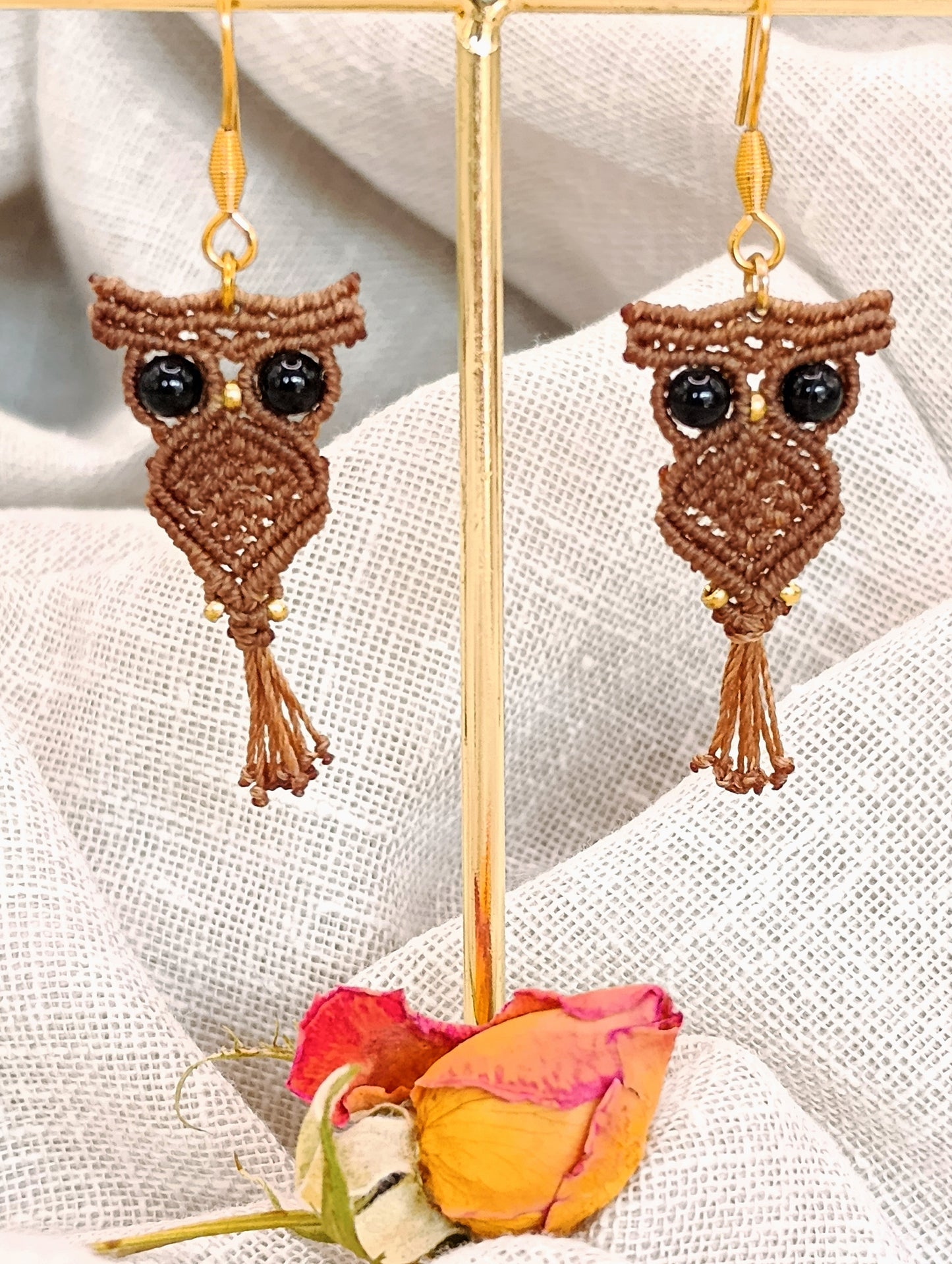 Boucles d'oreilles P'tits Familiers - Hiboux - Lithothérapie & Micro Macramé